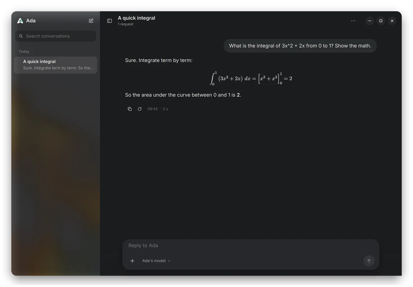 The Ada app, answering an integral with the working shown.