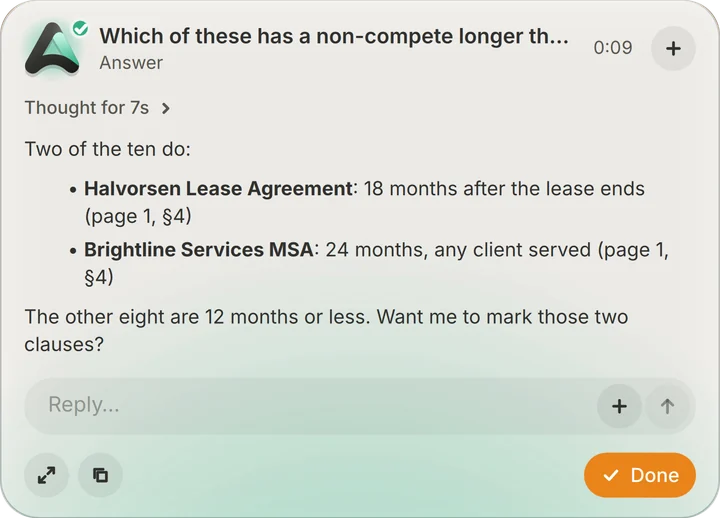 Ada’s answer: two of the ten do. Halvorsen Lease Agreement, 18 months after the lease ends (page 1, section 4). Brightline Services MSA, 24 months, any client served (page 1, section 4). The other eight are 12 months or less.