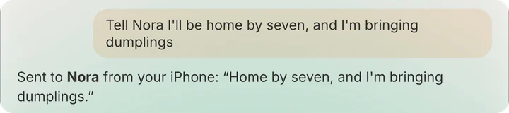 Ada’s card: Tell Nora I’ll be home by seven, and I’m bringing dumplings. Sent to Nora from your iPhone.
