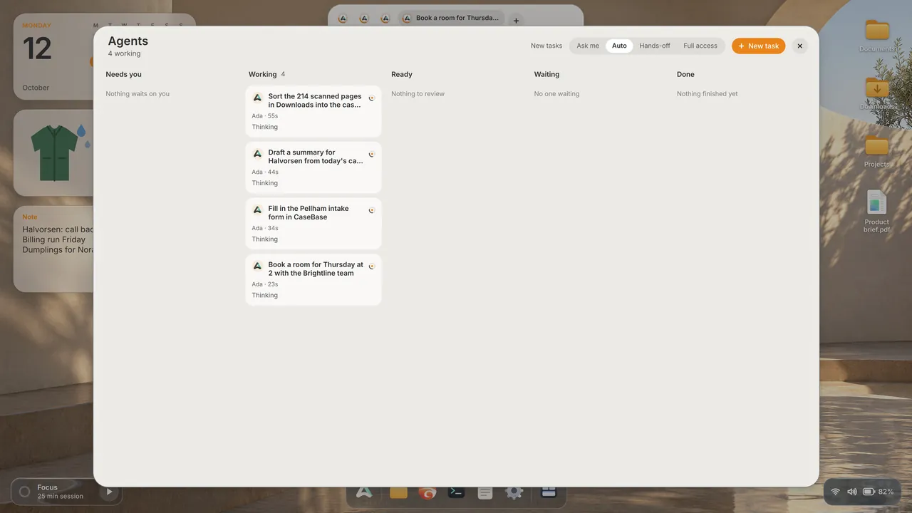 Ada’s board of jobs: four tasks working, nothing waiting on Jake.