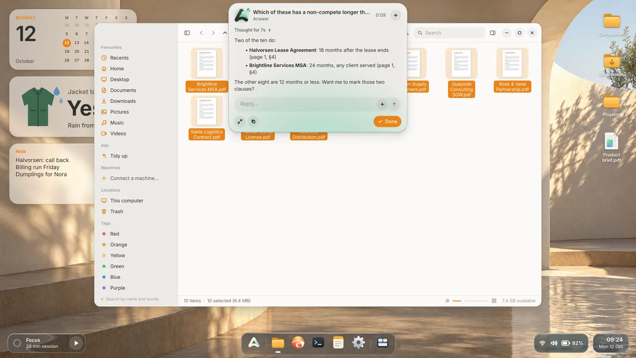 Files open on ten contracts, with Ada’s answer at the top of the screen.