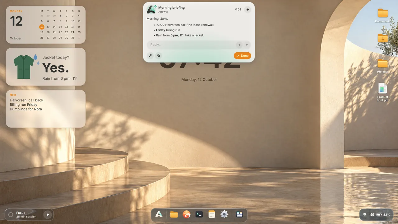 Ada’s desktop in the morning: a calendar, a widget saying a jacket is needed today, and a note.
