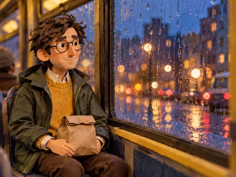 Paper Jake on the bus home, rain on the window.