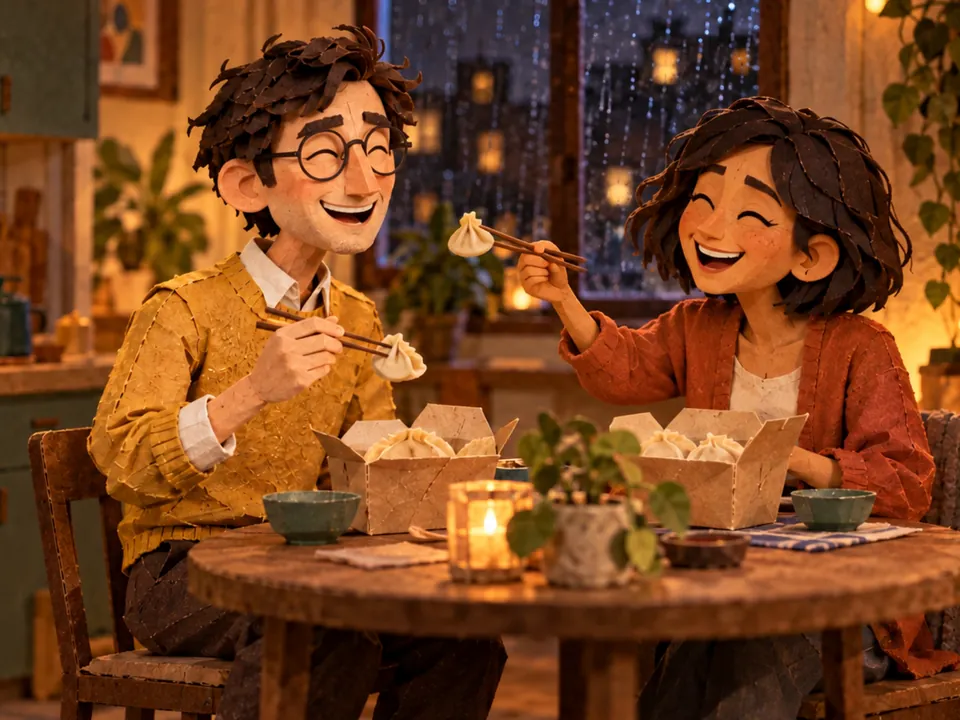Paper Jake and Nora laughing over dumplings at home.