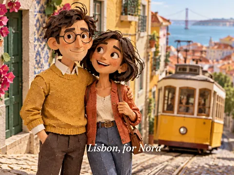 Paper Jake and Nora in a Lisbon street, a yellow tram behind them.