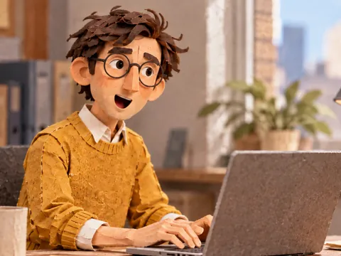 Paper Jake talks to his laptop, mid-sentence.