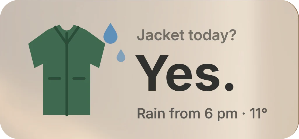 A widget Ada made: Jacket today? Yes. Rain from 6 pm, 11°.