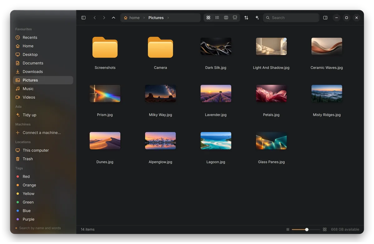 Files, showing the Pictures folder.