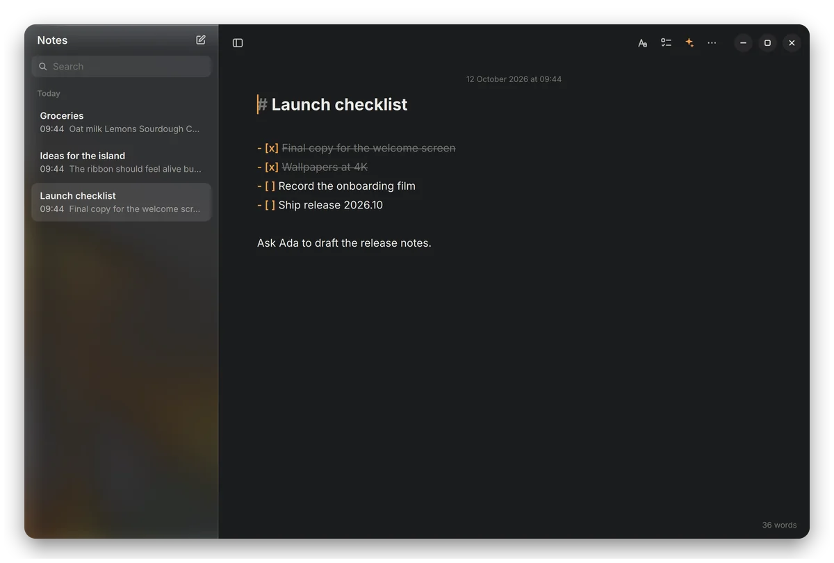 Notes, with a launch checklist.